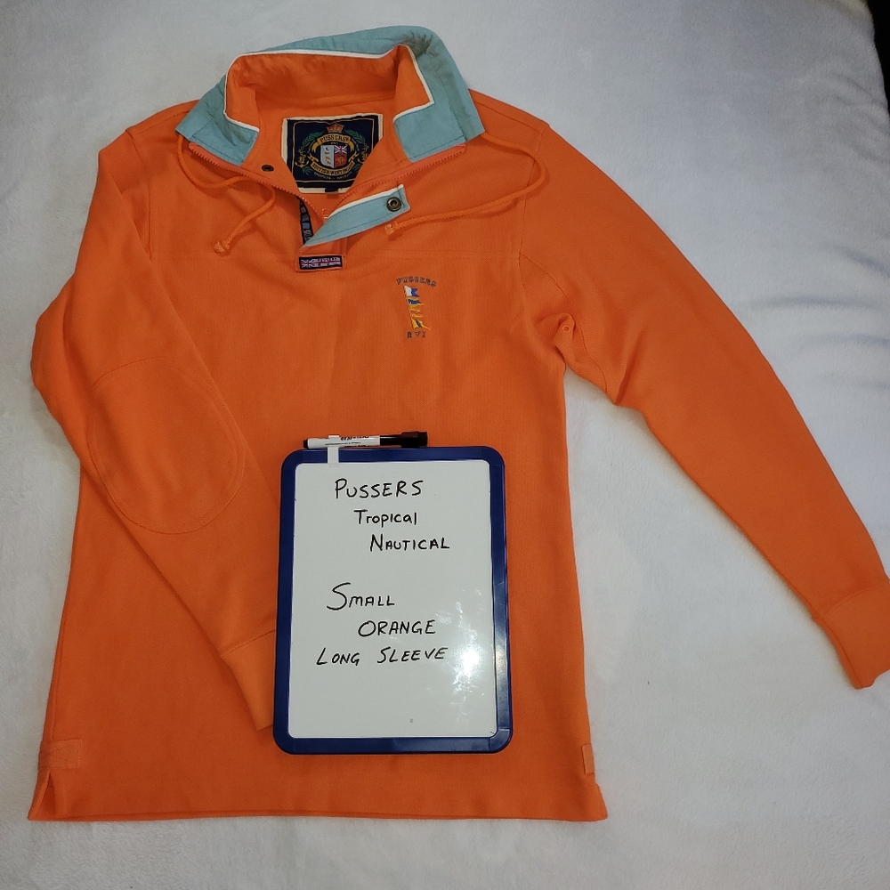 PUSSERS Tropical Nautical Orange Long Sleeve Polo Shirt Small Mens